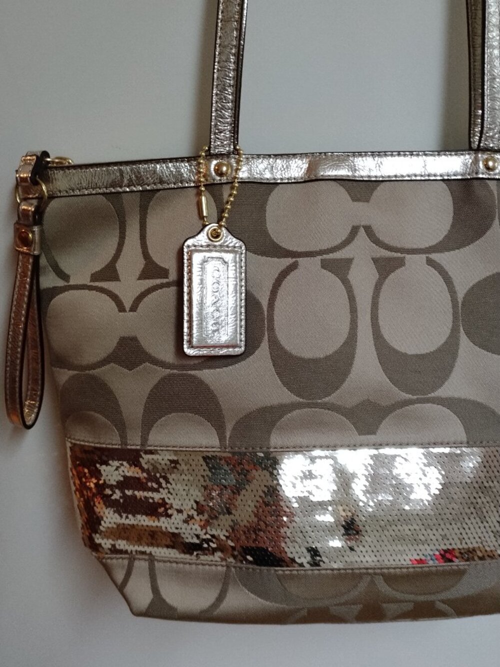 Coach Gold Signature Logo Sequin Tote Bag - Picture 2 of 7